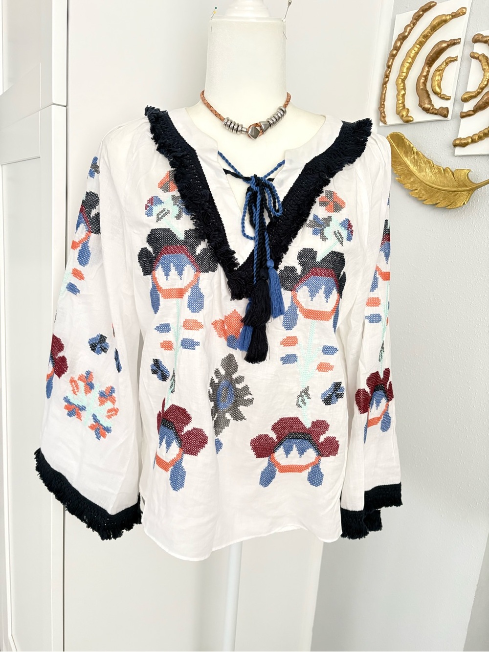 Stellah White Embroidered Peasant Tunic with Navy Fringe